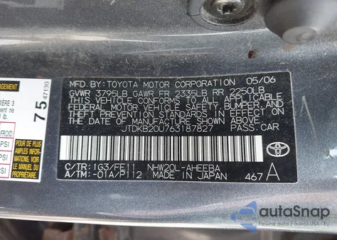 2006 Toyota Prius from USA, damaged, VIN JTDKB20U763187827